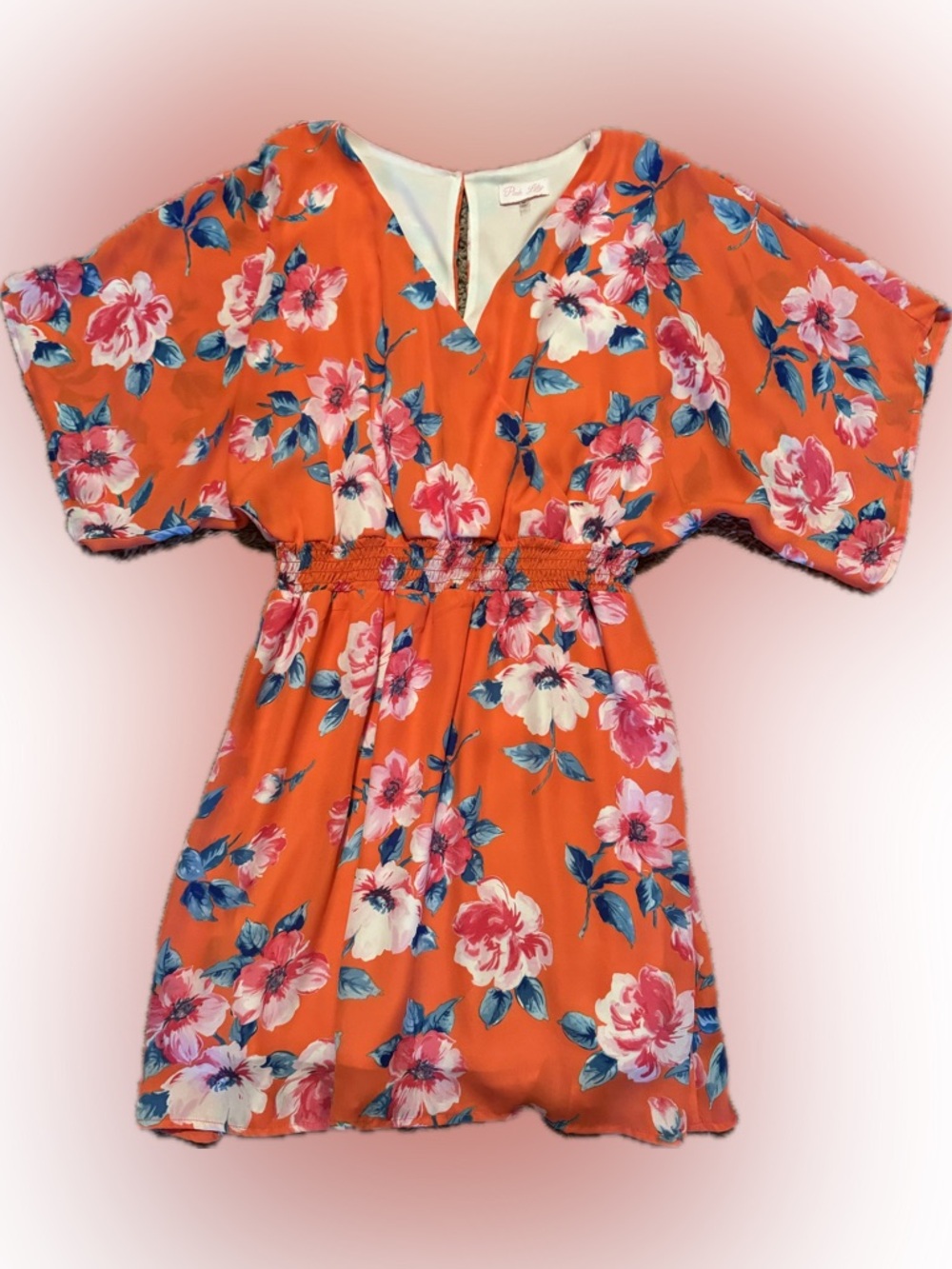 Pink Lily Sz Medium Orange Floral Short Dress with Pink & Blue Blooms